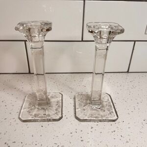 Set of 2 1930s Etched Crystal Candlestick Holders Clear Glass Floral Square Base